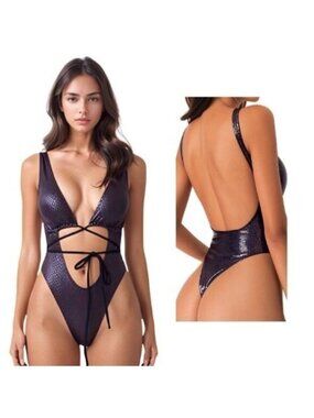 🆕Small Black Metallic Snakeskin Monokini Backless Brazilian High Cut Swim NWOT